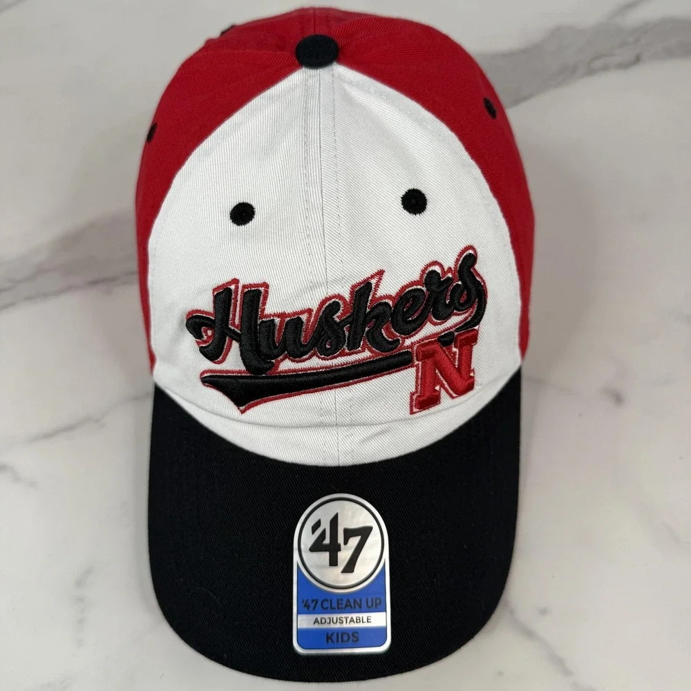 Nebraska Cornhuskers Hat Cap Strap Back Kids‎ Red White Black 47 Clean Up NWOT